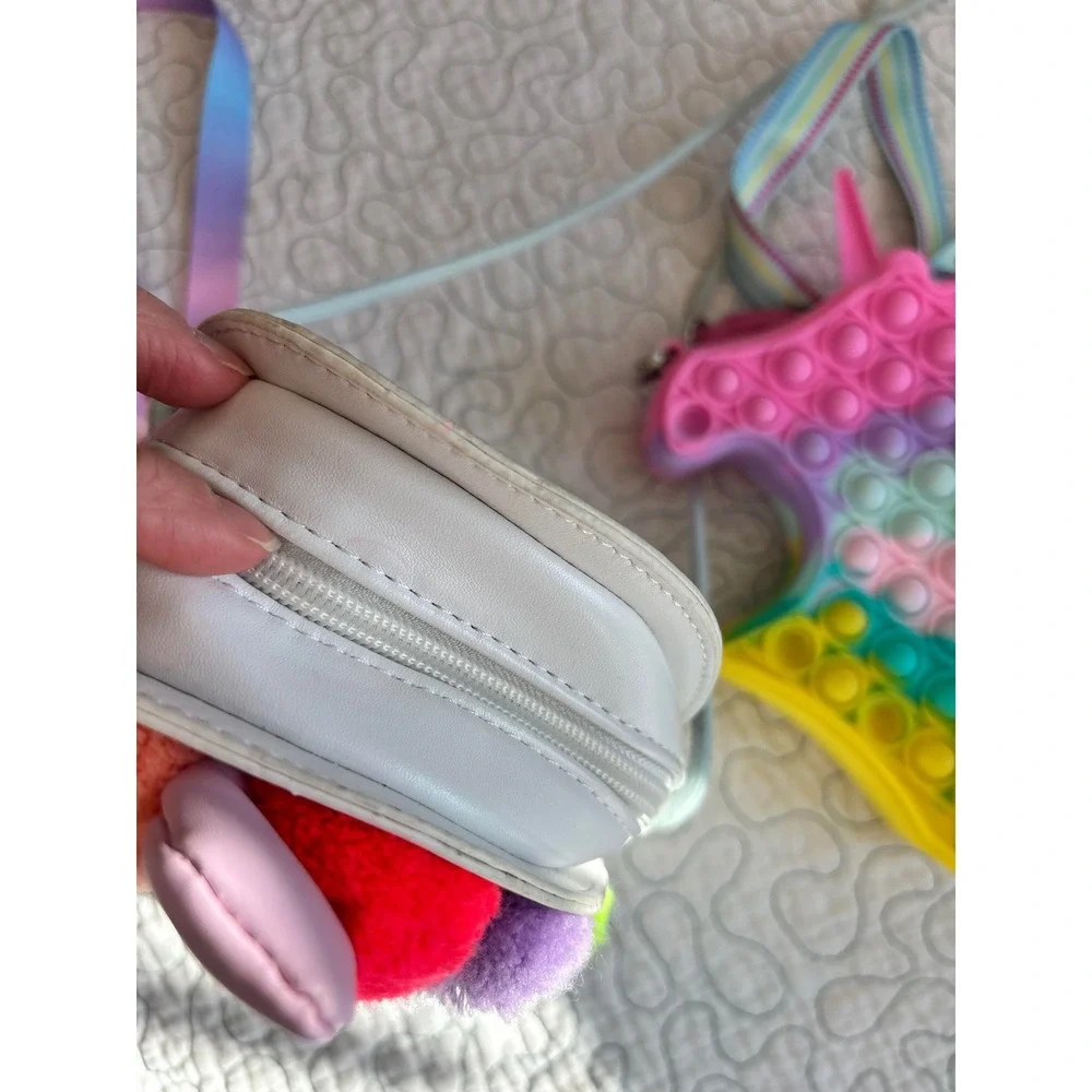 Unicorn Purses Pop It Fidget Crossbody Bag Rainbow Pom Pom‎ White